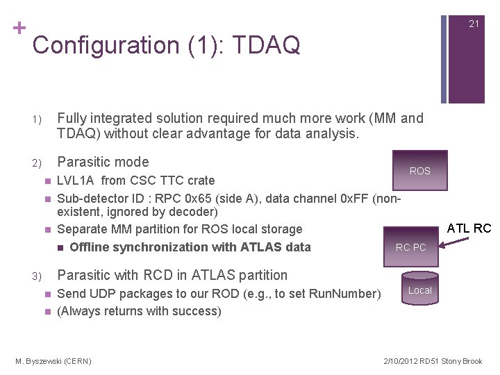 + 21 Configuration (1): TDAQ 1) Fully integrated solution required much more work (MM