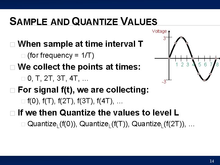 SAMPLE AND QUANTIZE VALUES Voltage � When sample at time interval T � �