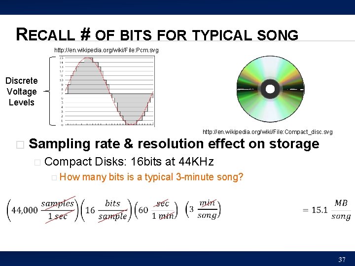 RECALL # OF BITS FOR TYPICAL SONG http: //en. wikipedia. org/wiki/File: Pcm. svg Discrete