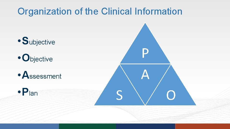 Organization of the Clinical Information • Subjective P A • Objective • Assessment • Organization of the Clinical Information • Subjective P A • Objective • Assessment •