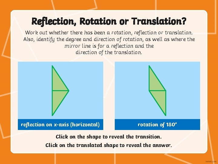 Reflection, Rotation or Translation? Work out whethere has been a rotation, reflection or translation.