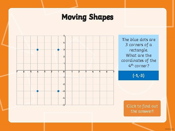 Moving Shapes The blue dots are 3 corners of a rectangle. What are the