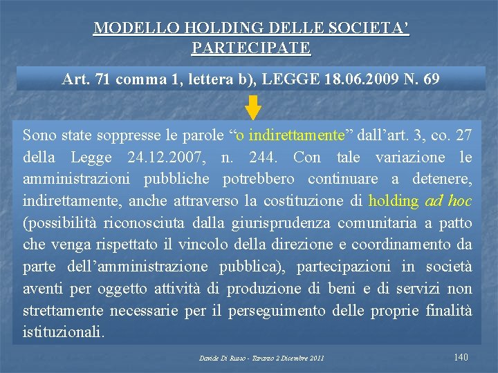 MODELLO HOLDING DELLE SOCIETA’ PARTECIPATE Art. 71 comma 1, lettera b), LEGGE 18. 06.