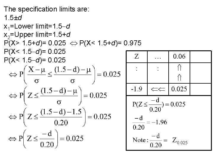 The specification limits are: 1. 5±d x 1=Lower limit=1. 5 d x 2=Upper limit=1. The specification limits are: 1. 5±d x 1=Lower limit=1. 5 d x 2=Upper limit=1.
