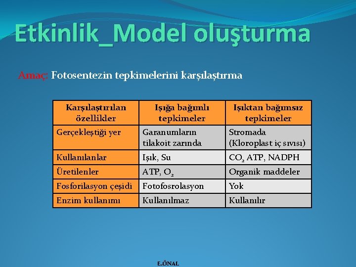 Etkinlik_Model oluşturma Amaç: Fotosentezin tepkimelerini karşılaştırma Karşılaştırılan özellikler Işığa bağımlı tepkimeler Işıktan bağımsız tepkimeler