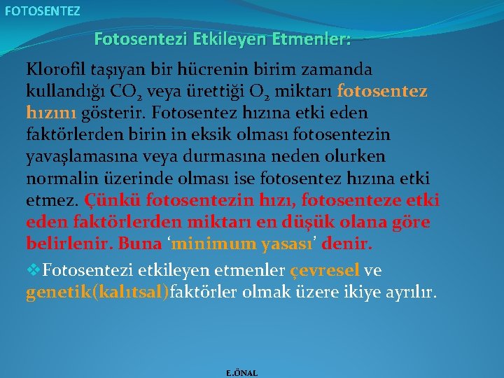 FOTOSENTEZ Fotosentezi Etkileyen Etmenler: Klorofil taşıyan bir hücrenin birim zamanda kullandığı CO 2 veya