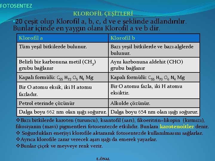 FOTOSENTEZ KLOROFİL ÇEŞİTLERİ • 20 çeşit olup Klorofil a, b, c, d ve e