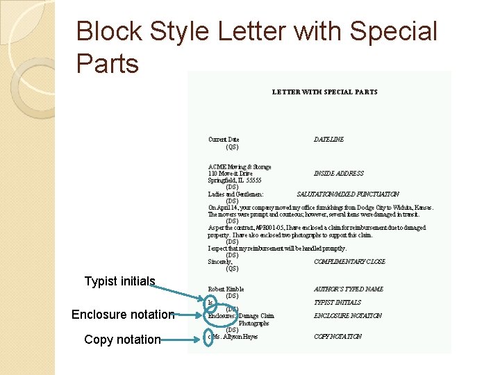 Block Style Letter with Special Parts Typist initials Enclosure notation Copy notation 