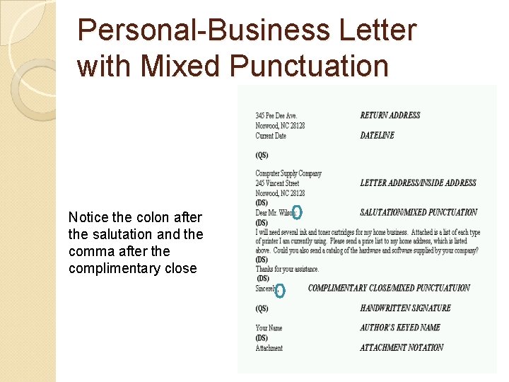 Personal-Business Letter with Mixed Punctuation Notice the colon after the salutation and the comma
