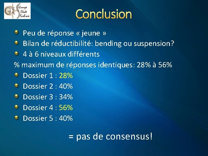 Conclusion Peu de réponse « jeune » Bilan de réductibilité: bending ou suspension? 4