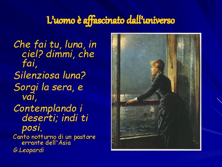 L’uomo è affascinato dall’universo Che fai tu, luna, in ciel? dimmi, che fai, Silenziosa