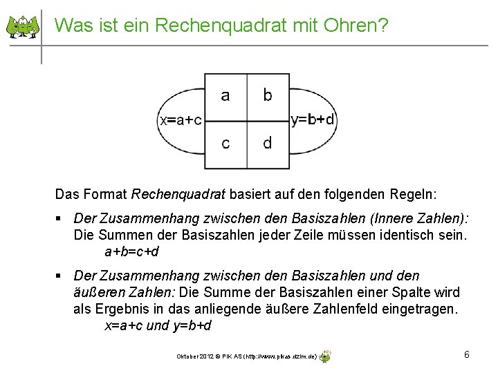 Was ist ein Rechenquadrat mit Ohren? Das Format Rechenquadrat basiert auf den folgenden Regeln: