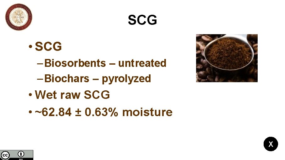 SCG • SCG – Biosorbents – untreated – Biochars – pyrolyzed • Wet raw