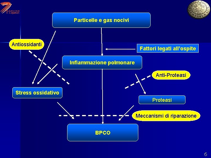 Particelle e gas nocivi Antiossidanti Fattori legati all’ospite Infiammazione polmonare Anti-Proteasi Stress ossidativo Proteasi