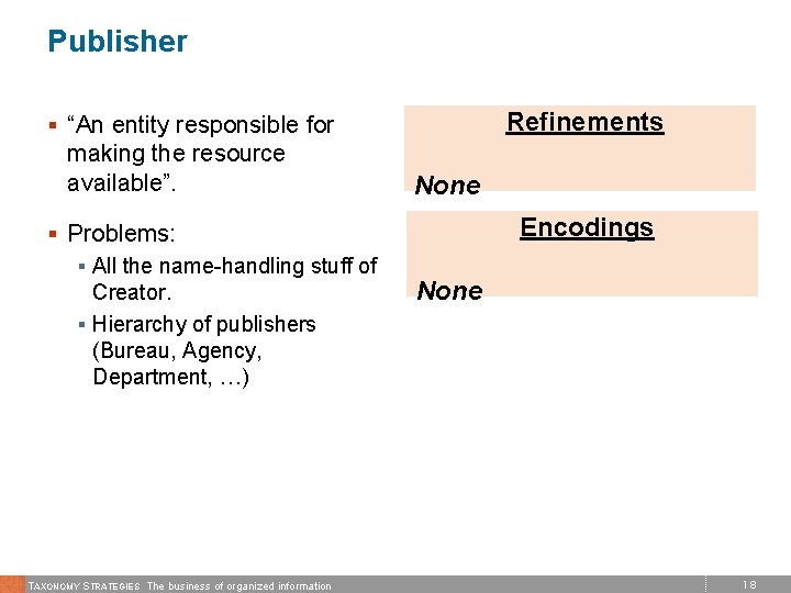 Publisher Refinements § “An entity responsible for making the resource available”. § Problems: §