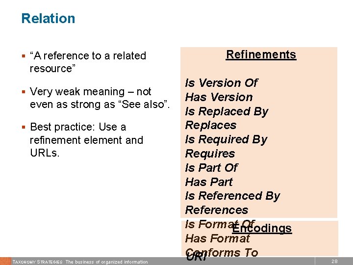 Relation § “A reference to a related Refinements resource” § Very weak meaning –