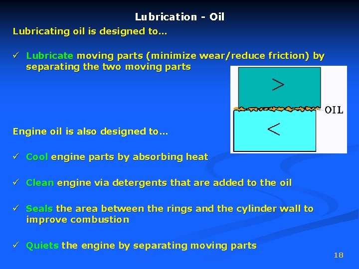 Lubrication - Oil Lubricating oil is designed to… ü Lubricate moving parts (minimize wear/reduce
