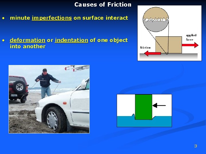 Causes of Friction • minute imperfections on surface interact • deformation or indentation of