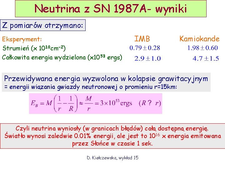 Neutrina z SN 1987 A- wyniki Z pomiarów otrzymano: Eksperyment: Strumień (x 1010 cm-2)