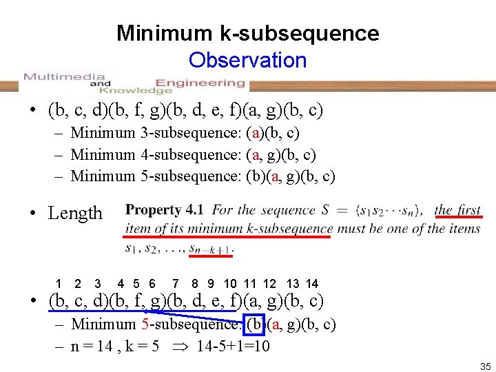 Minimum k-subsequence Observation • (b, c, d)(b, f, g)(b, d, e, f)(a, g)(b, c)