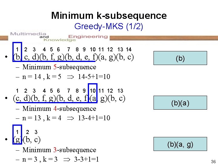 Minimum k-subsequence Greedy-MKS (1/2) 1 2 3 4 5 6 7 8 9 10 Minimum k-subsequence Greedy-MKS (1/2) 1 2 3 4 5 6 7 8 9 10