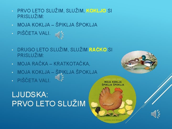  • PRVO LETO SLUŽIM, KOKLJO SI PRISLUŽIM: • MOJA KOKLJA – ŠPIKLJA ŠPOKLJA