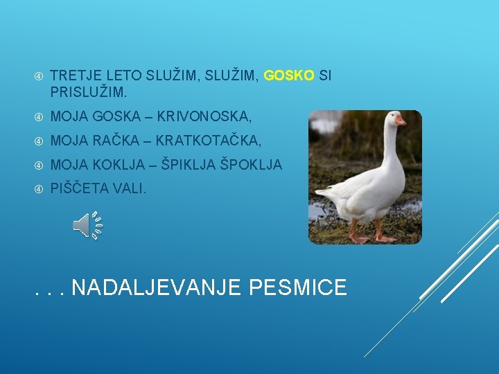  TRETJE LETO SLUŽIM, GOSKO SI PRISLUŽIM. MOJA GOSKA – KRIVONOSKA, MOJA RAČKA –