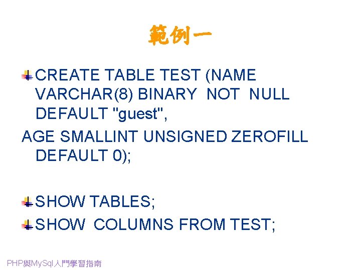 範例一 CREATE TABLE TEST (NAME VARCHAR(8) BINARY NOT NULL DEFAULT "guest", AGE SMALLINT UNSIGNED