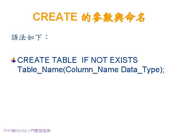 CREATE 的參數與命名 語法如下： CREATE TABLE IF NOT EXISTS Table_Name(Column_Name Data_Type); PHP與My. Sql入門學習指南 