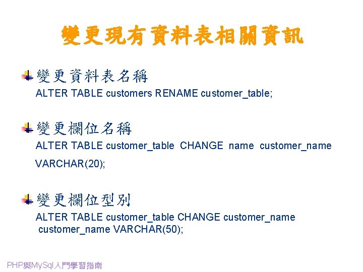 變更現有資料表相關資訊 變更資料表名稱 ALTER TABLE customers RENAME customer_table; 變更欄位名稱 ALTER TABLE customer_table CHANGE name customer_name