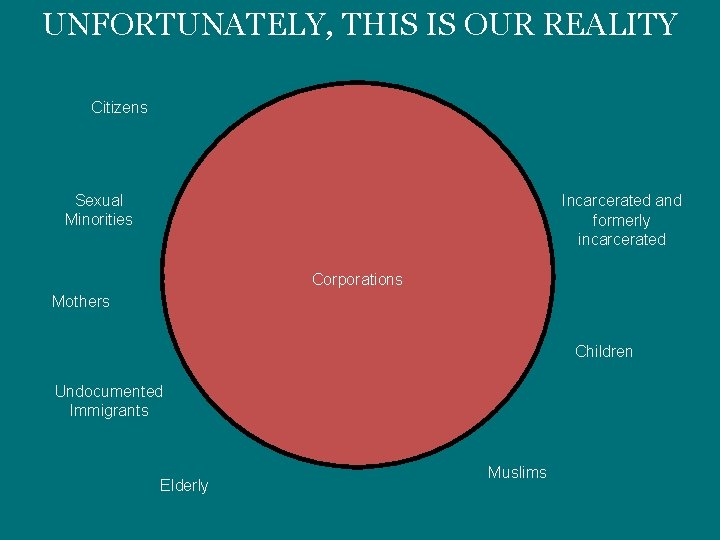 UNFORTUNATELY, THIS IS OUR REALITY Citizens Sexual Minorities Incarcerated and formerly incarcerated Corporations Mothers