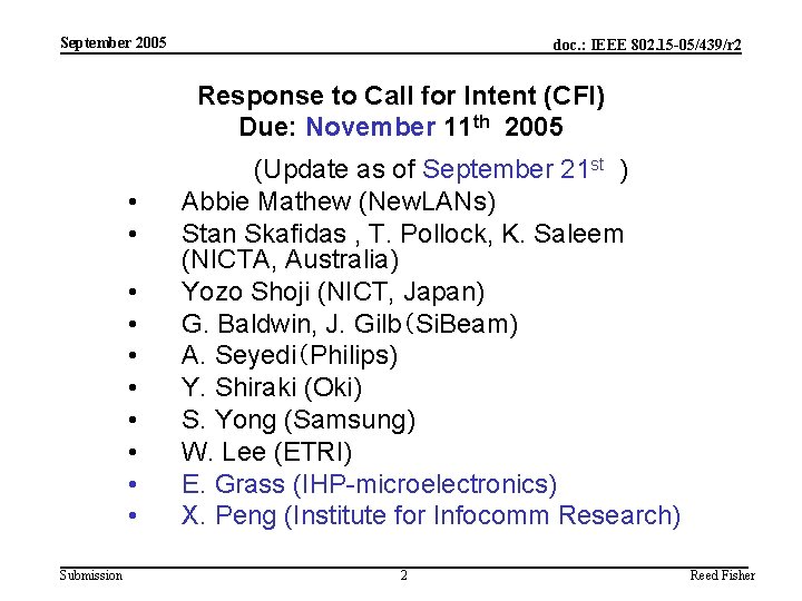 September 2005 doc. : IEEE 802. 15 -05/439/r 2 Response to Call for Intent