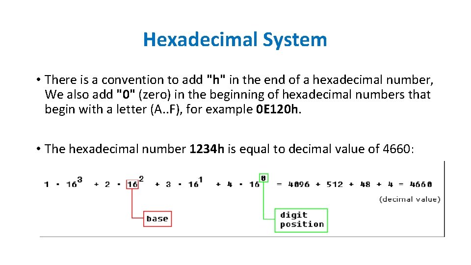 Hexadecimal System • There is a convention to add "h" in the end of