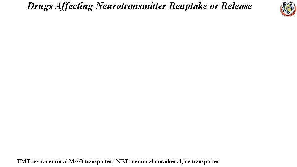 Drugs Affecting Neurotransmitter Reuptake or Release EMT: extraneuronal MAO transporter, NET: neuronal noradrenal; ine