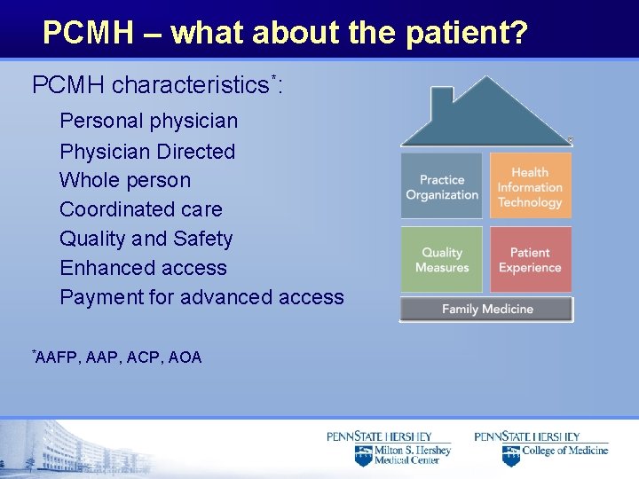 PCMH – what about the patient? PCMH characteristics*: Personal physician Physician Directed Whole person