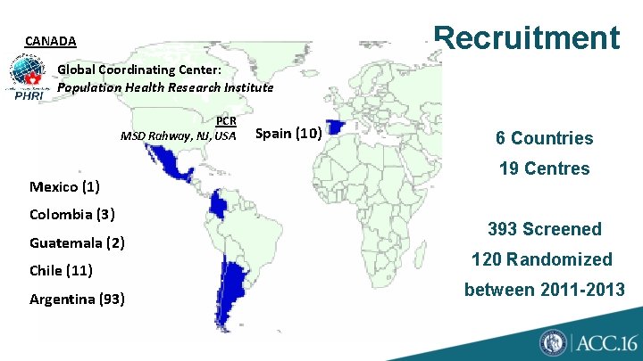 Recruitment CANADA Global Coordinating Center: Population Health Research Institute PCR MSD Rahway, NJ, USA