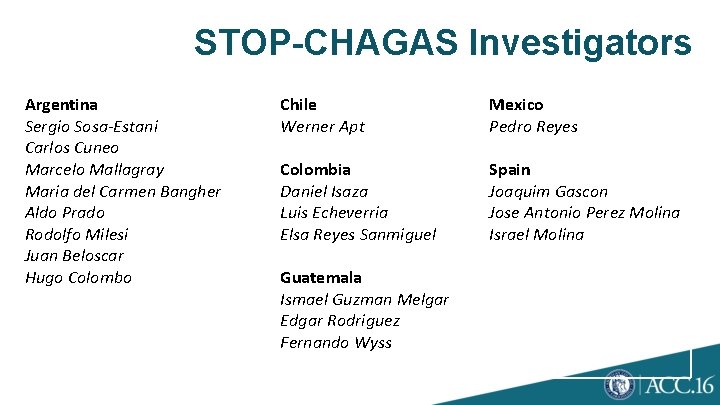 STOP-CHAGAS Investigators Argentina Sergio Sosa-Estani Carlos Cuneo Marcelo Mallagray Maria del Carmen Bangher Aldo