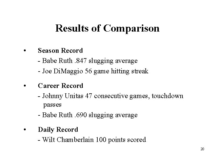 Results of Comparison • Season Record - Babe Ruth. 847 slugging average - Joe