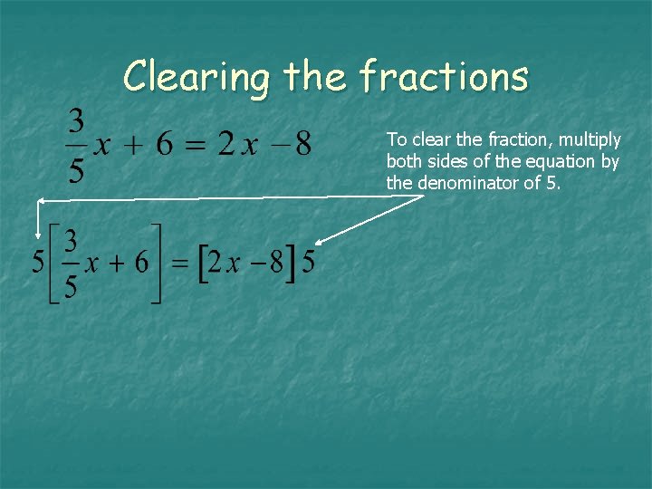 Clearing the fractions To clear the fraction, multiply both sides of the equation by