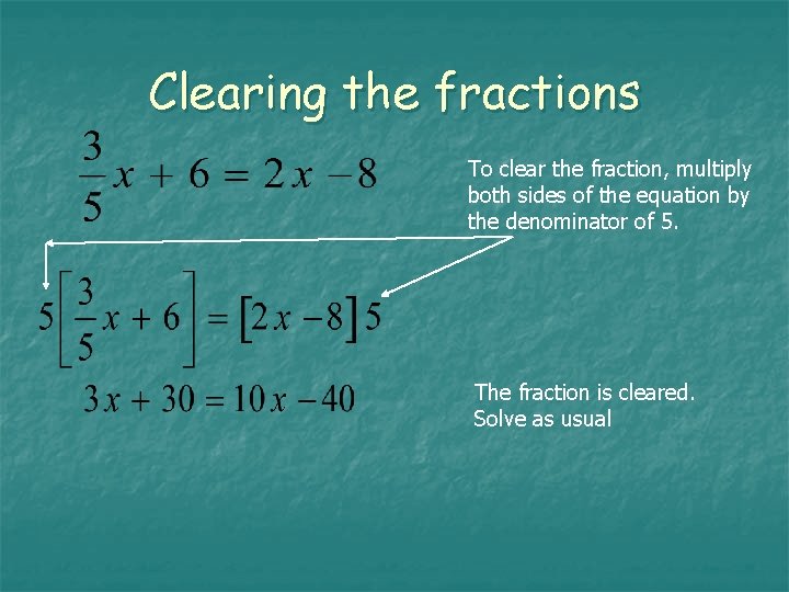 Clearing the fractions To clear the fraction, multiply both sides of the equation by