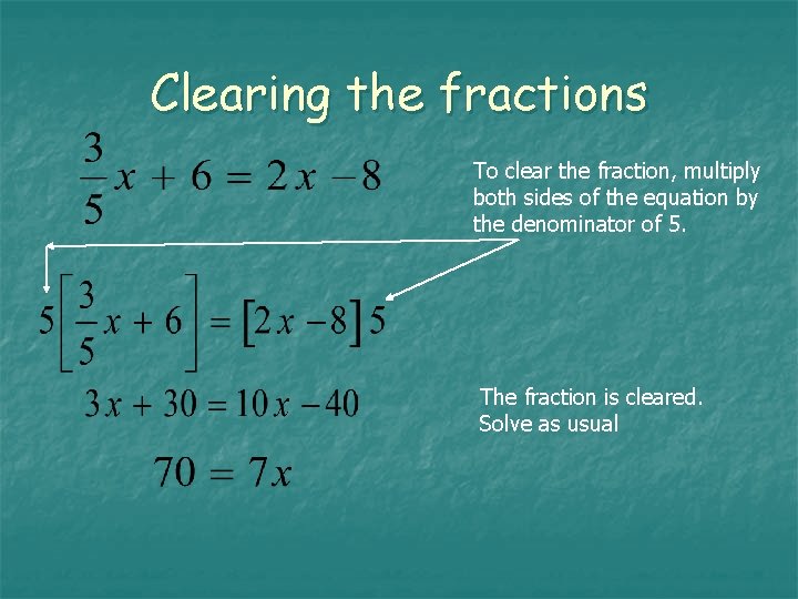 Clearing the fractions To clear the fraction, multiply both sides of the equation by