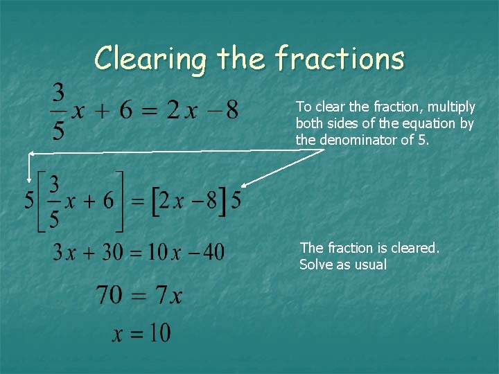 Clearing the fractions To clear the fraction, multiply both sides of the equation by