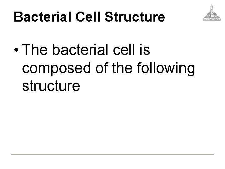 Bacterial Cell Structure • The bacterial cell is composed of the following structure 