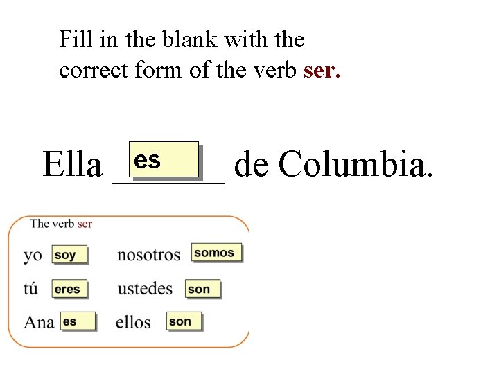 Fill in the blank with the correct form of the verb ser. es Ella