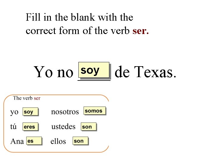 Fill in the blank with the correct form of the verb ser. soy de