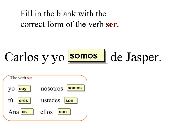 Fill in the blank with the correct form of the verb ser. somos de