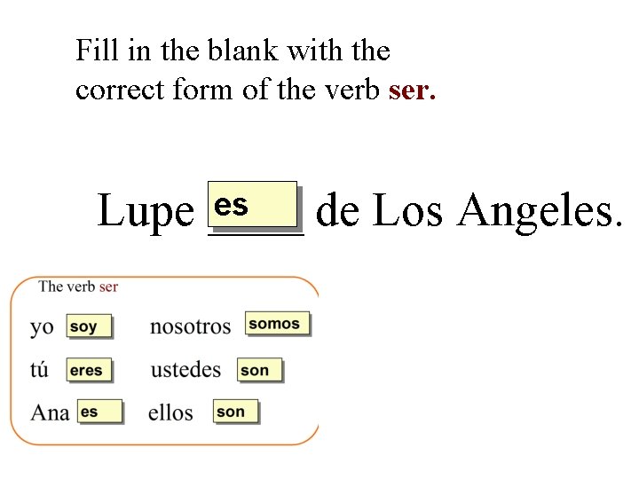 Fill in the blank with the correct form of the verb ser. es Lupe