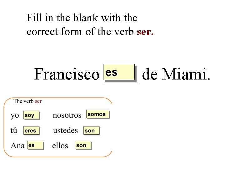 Fill in the blank with the correct form of the verb ser. es Francisco