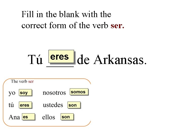 Fill in the blank with the correct form of the verb ser. Tú eres