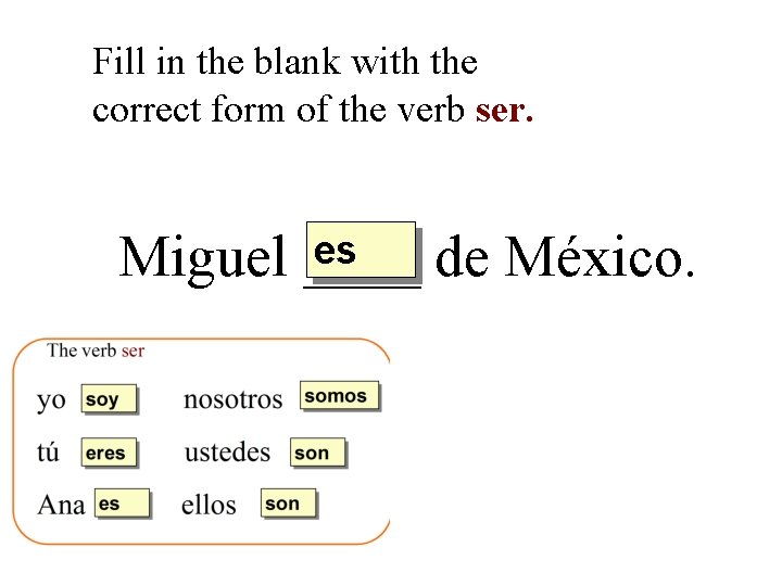 Fill in the blank with the correct form of the verb ser. es Miguel